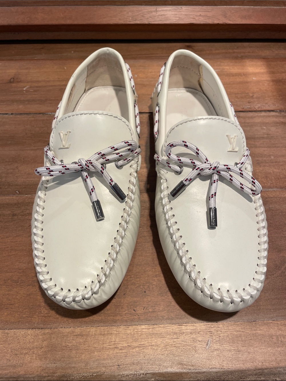 Louis Vuitton White Leather Moccasin Driving Loafers with Rope Laces